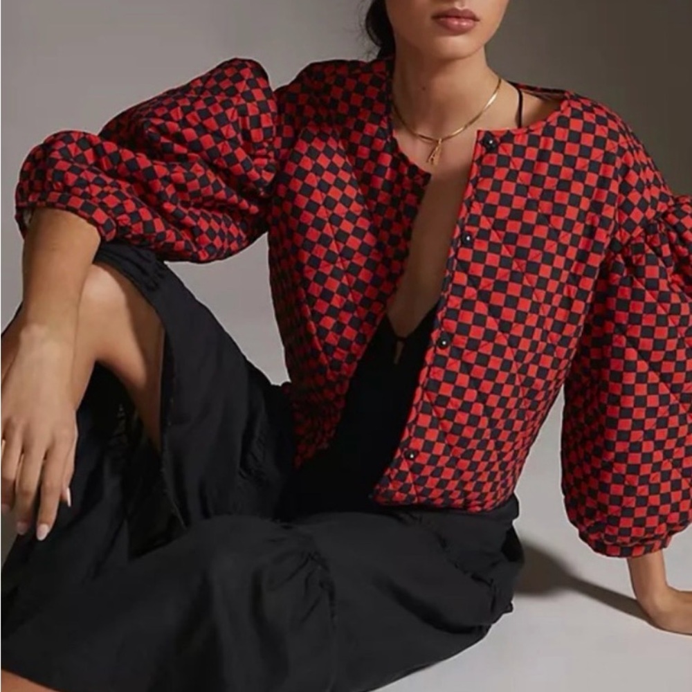 Clare V Navy and red Checkered Puff Sleeve Jacket OS